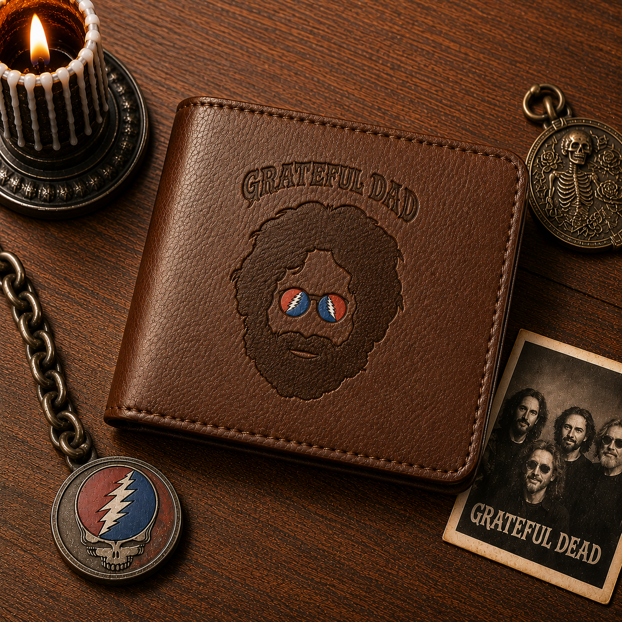 Jerry Garcia Grateful Dad Portrait Wallet –  Jerry Garcia Inspired Leather Wallet (With Box)