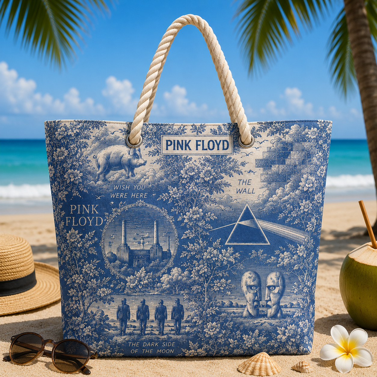 Pink Floyd Beach Tote Bag – Retro Tropical Canvas Shoulder Bag With Rope Handle