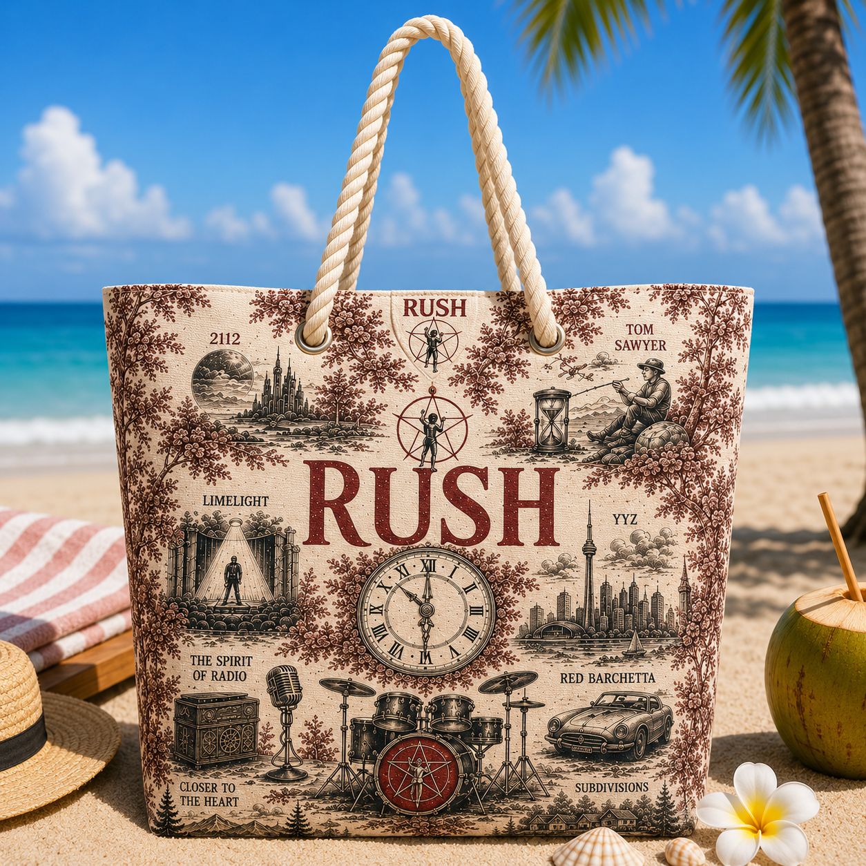 Rush Band Beach Tote Bag – Retro Tropical Canvas Shoulder Bag With Rope Handle