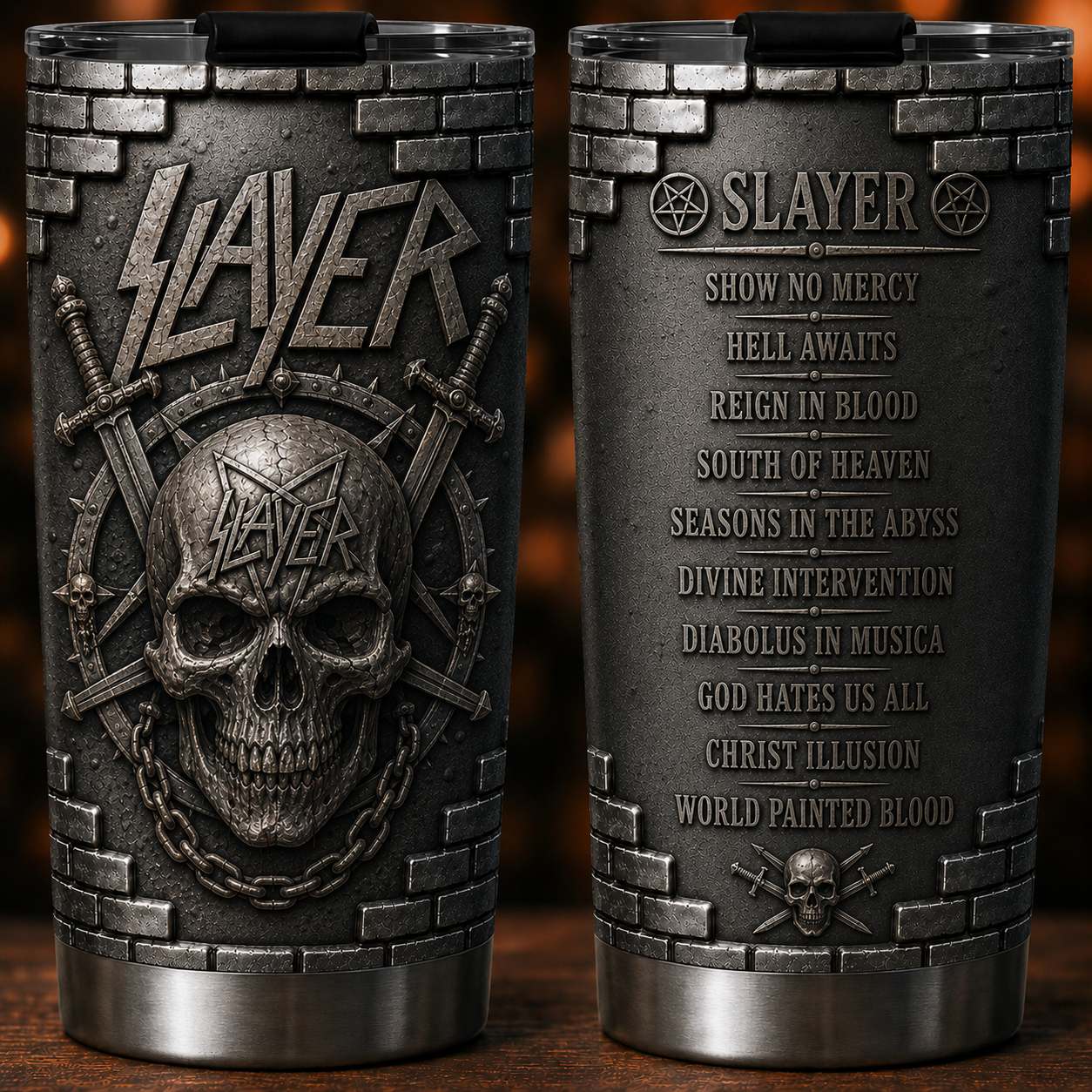 Slayer Reign in Blood Insulated Tumbler - 3D Embossed Skull & Swords Travel Cup