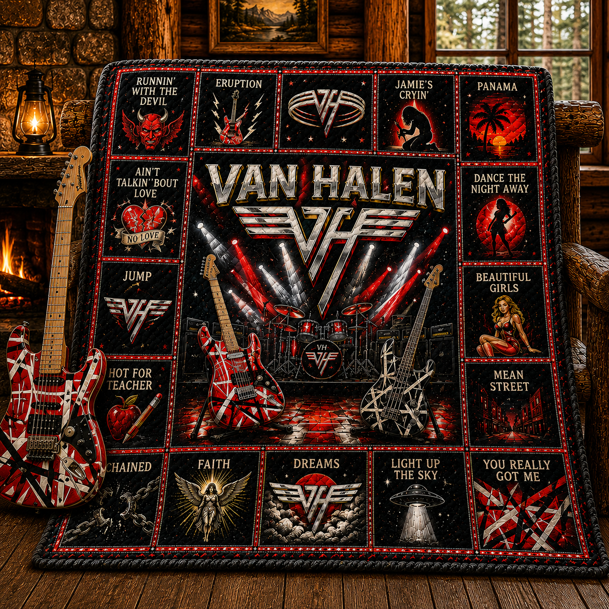 Van Halen Hard Rock Quilt Blanket – Frankenstrat Guitar Journey In Every Stitch